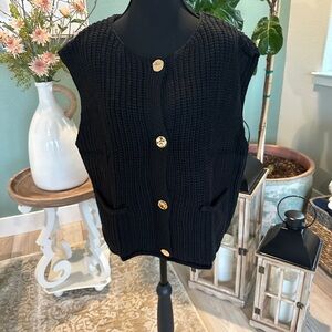 Black Knit Vest with Gold Buttons